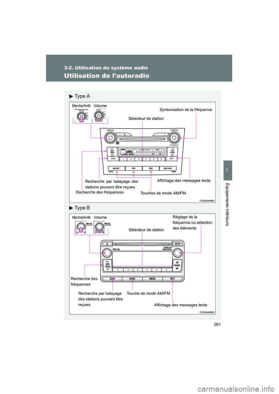 TOYOTA COROLLA 2012  Manuel du propriétaire (in French) 261
3-2. Utilisation du système audio
3
Équipements intérieurs
COROLLA_D
Utilisation de lautoradio
Ty p e  A
Ty p e  B
Volume
Recherche des fréquences Sélecteur de station
Touches de mode AM/FM 