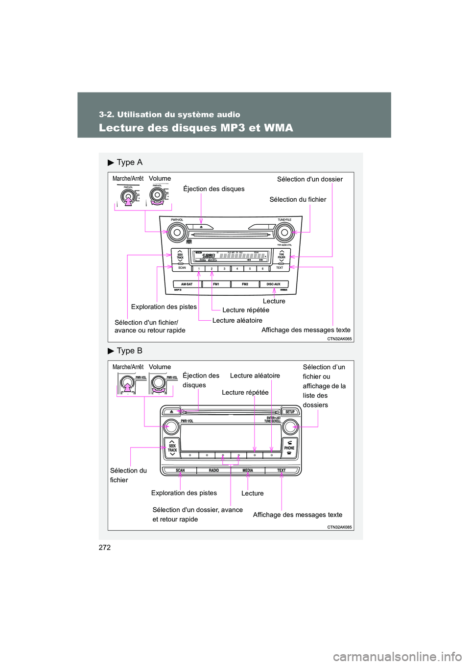 TOYOTA COROLLA 2012  Manuel du propriétaire (in French) 272
3-2. Utilisation du système audio
COROLLA_D
Lecture des disques MP3 et WMA
Ty p e  A
Ty p e  B
Lecture aléatoireLecture répétée
Lecture
Éjection des disques
Affichage des messages texte
Expl