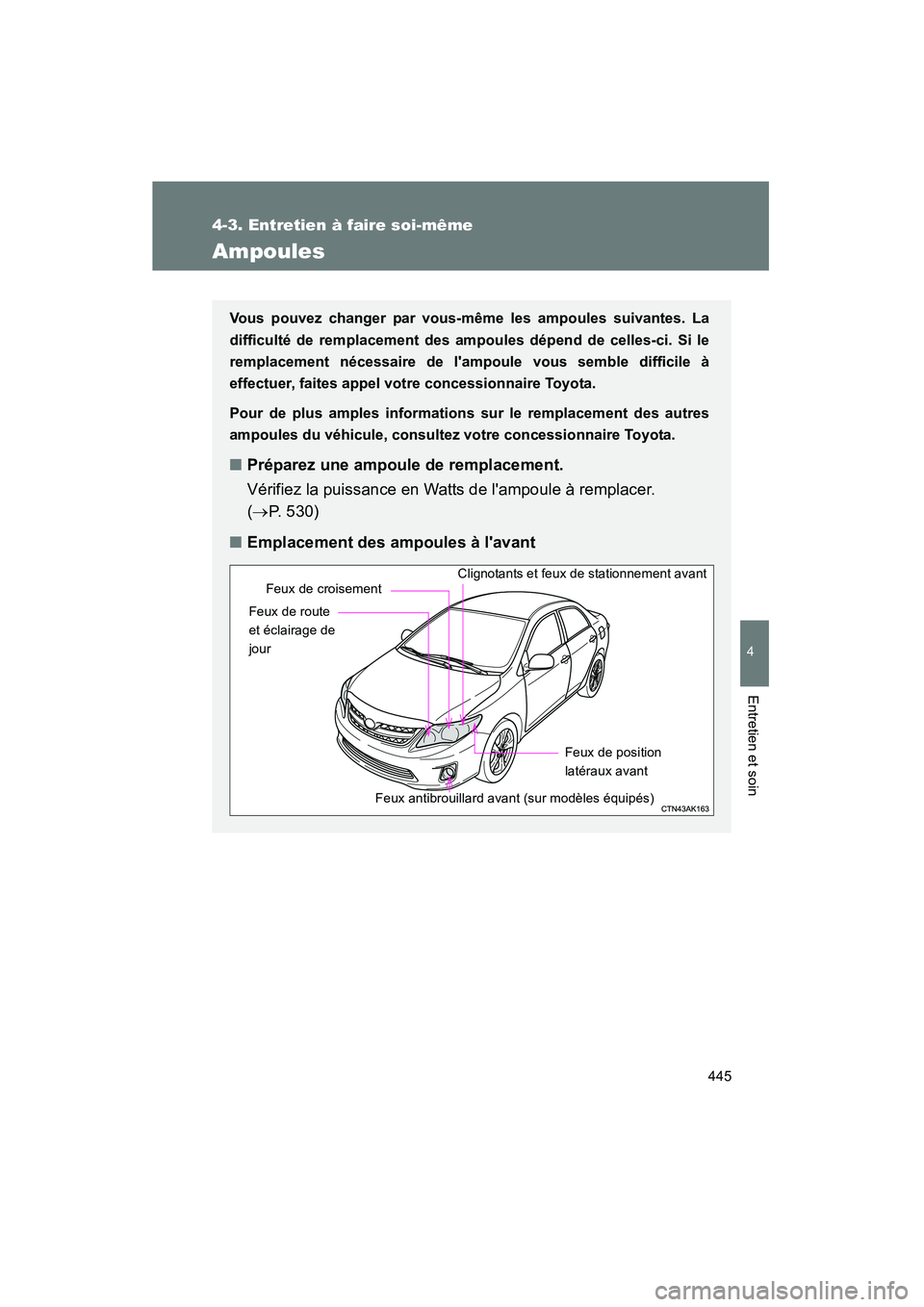 TOYOTA COROLLA 2012  Manuel du propriétaire (in French) 445
4-3. Entretien à faire soi-même
4
Entretien et soin
COROLLA_D
Ampoules
Vous pouvez changer par vous-même les ampoules suivantes. La
difficulté de remplacement des ampoules dépend de celles-ci