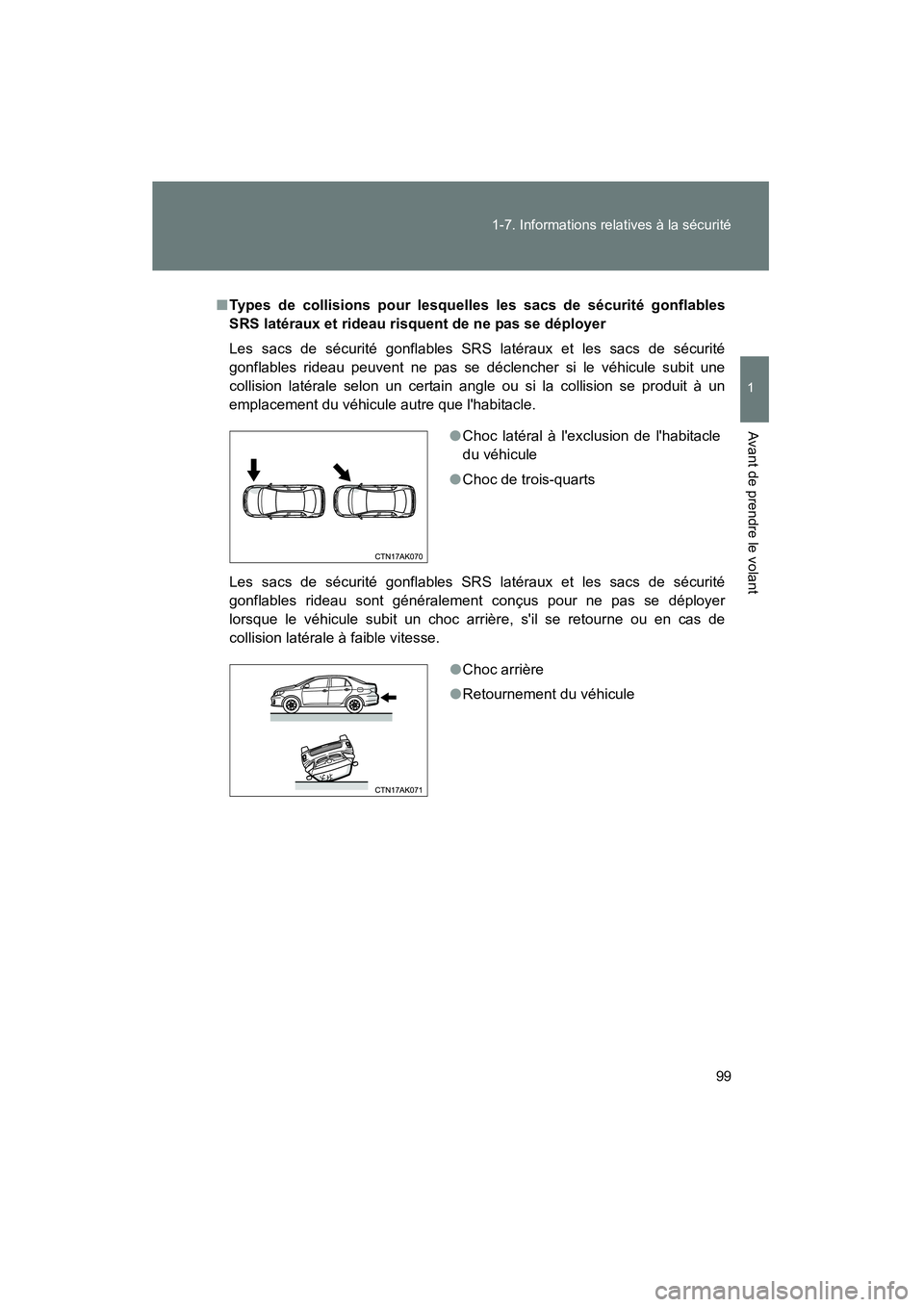 TOYOTA COROLLA 2011 Manuel du propriétaire (in French) 99
1-7. Informations relatives à la sécurité
1
Avant de prendre le volant
COROLLA_D
■
Types de collisions pour lesquelles les sacs de sécurité gonflables
SRS latéraux et rideau risquent de ne TOYOTA COROLLA 2011 Manuel du propriétaire (in French) 99
1-7. Informations relatives à la sécurité
1
Avant de prendre le volant
COROLLA_D
■
Types de collisions pour lesquelles les sacs de sécurité gonflables
SRS latéraux et rideau risquent de ne