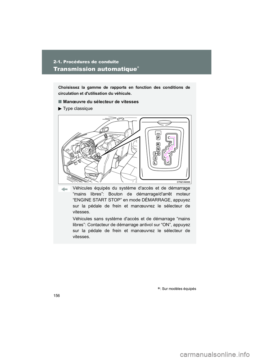 TOYOTA COROLLA 2011 Manuel du propriétaire (in French) 156
2-1. Pr océd ures de co nduite
COROL LA_D
Transm ission automa tique∗
Choisissez la gamme de rapport s en fon ction des condit ions de
cir culat ion et d utilisation du véhicule.
■ Ma TOYOTA COROLLA 2011 Manuel du propriétaire (in French) 156
2-1. Pr océd ures de co nduite
COROL LA_D
Transm ission automa tique∗
Choisissez la gamme de rapport s en fon ction des condit ions de
cir culat ion et d utilisation du véhicule.
■ Ma
