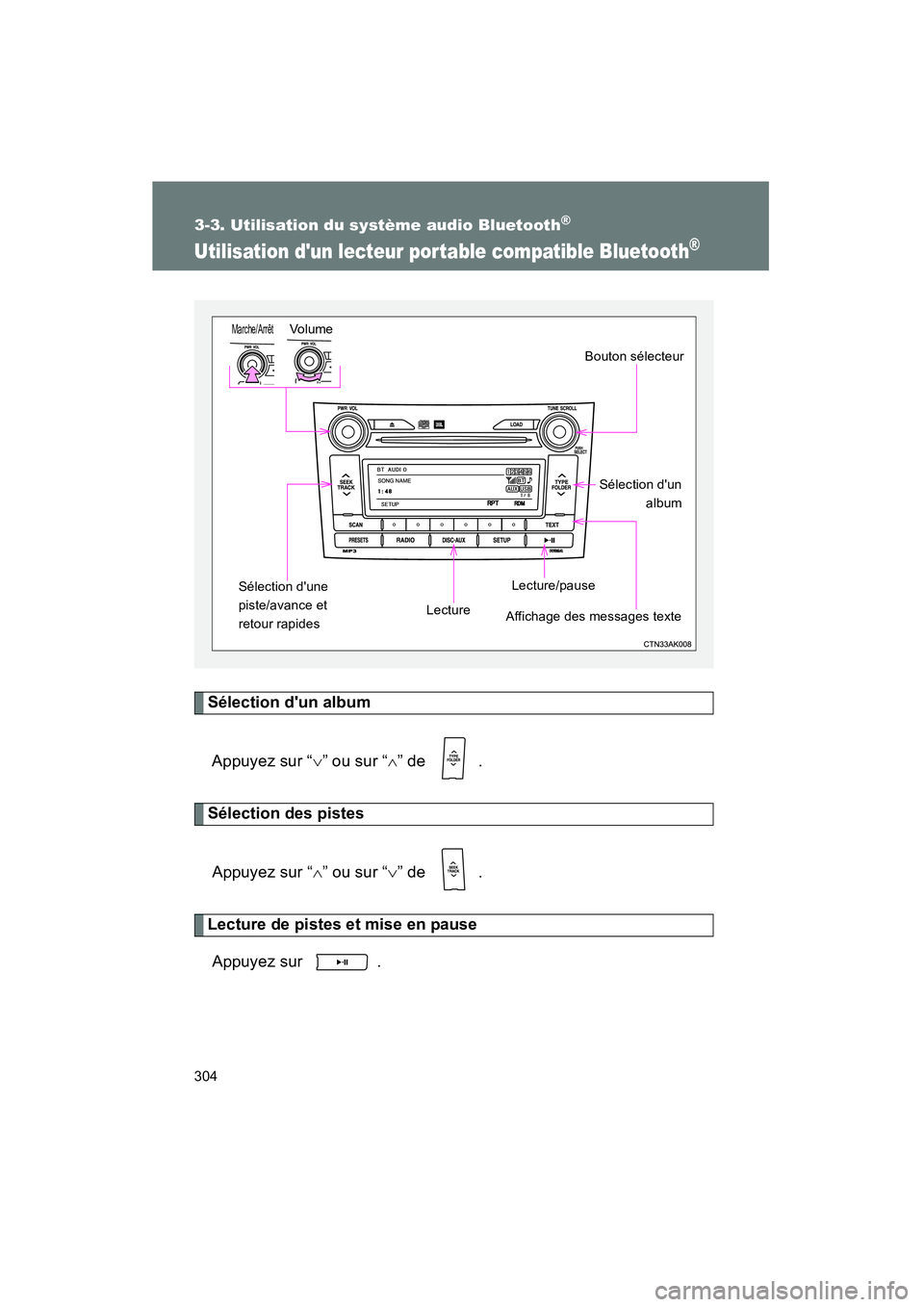 TOYOTA COROLLA 2011 Manuel du propriétaire (in French) 304
3-3. U tilisation du système audi o B luetoo th®
COROL LA_D
Utilisation dun lecteur por table compa tible Bluetooth®
Sélectio n dun albu m
Ap puyez su r “∨” ou sur “ ∧” de TOYOTA COROLLA 2011 Manuel du propriétaire (in French) 304
3-3. U tilisation du système audi o B luetoo th®
COROL LA_D
Utilisation dun lecteur por table compa tible Bluetooth®
Sélectio n dun albu m
Ap puyez su r “∨” ou sur “ ∧” de