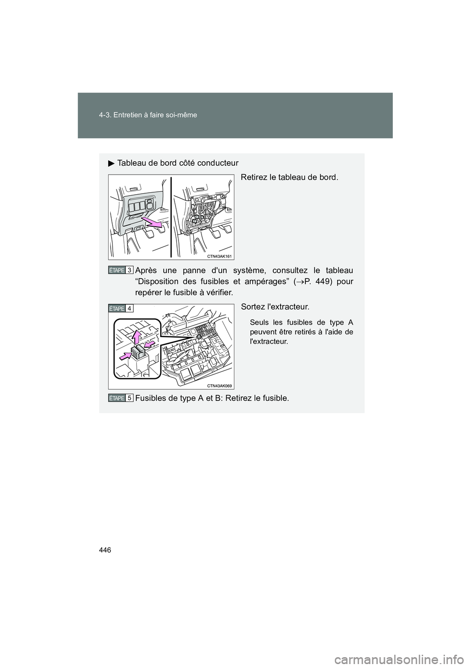 TOYOTA COROLLA 2011  Manuel du propriétaire (in French) 446 4-3. Entre tie n à fai re s oi-même
COROL LA_D
Tablea u de bo rd côté co nducteur
Retir ez le  table au de bor d.
Apr ès une p anne  du n système , con sulte z le tableau
“Dis posit ion  