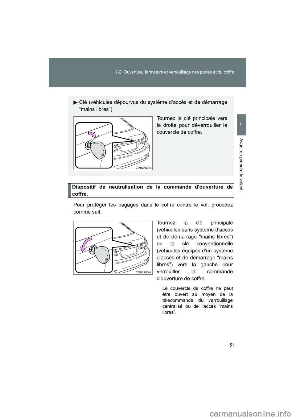 TOYOTA COROLLA 2011 Manuel du propriétaire (in French) 51
1-2. Ouverture, fermeture et v errouillage des porte s et d u c of fre
1
Av ant de pre ndre le volant
COROL LA_D
Disposit if de neutrali sation de la co mmand e douverture de
coffre .
Pour TOYOTA COROLLA 2011 Manuel du propriétaire (in French) 51
1-2. Ouverture, fermeture et v errouillage des porte s et d u c of fre
1
Av ant de pre ndre le volant
COROL LA_D
Disposit if de neutrali sation de la co mmand e douverture de
coffre .
Pour