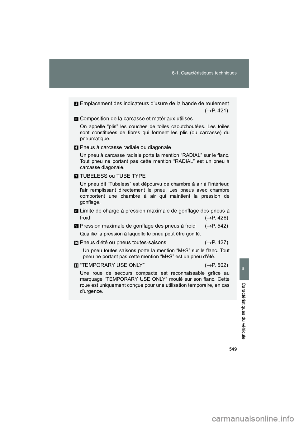 TOYOTA COROLLA 2011 Manuel du propriétaire (in French) 549
6-1.
Carac térist iques techniques
6
Ca ractéristi ques du vé hicule
COROL LA_D
Emplacemen t des indicateu rs dusur e de la ba nde de r oulement
(→ P. 421 )
C ompositio n de la car casse TOYOTA COROLLA 2011 Manuel du propriétaire (in French) 549
6-1.
Carac térist iques techniques
6
Ca ractéristi ques du vé hicule
COROL LA_D
Emplacemen t des indicateu rs dusur e de la ba nde de r oulement
(→ P. 421 )
C ompositio n de la car casse