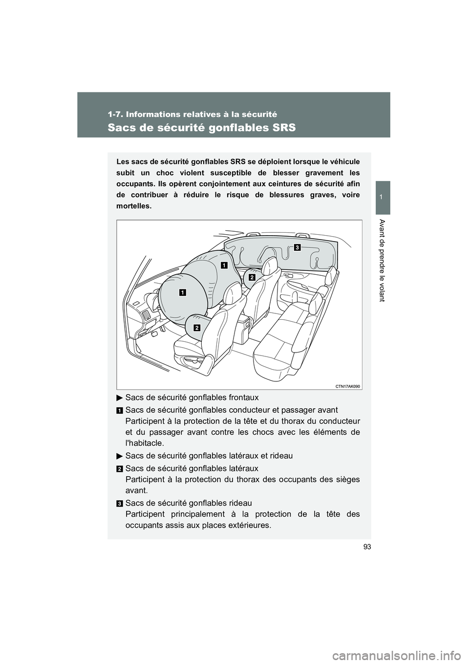 TOYOTA COROLLA 2011 Manuel du propriétaire (in French) 93
1
1-7. Informatio ns re latives à la sé curité
Avant de pre ndre le volant
COROL LA_D
Sacs de sécuri té gonflables SRS
Les sacs de sécurité gonflables SRS se dép loient lorsque le véhi TOYOTA COROLLA 2011 Manuel du propriétaire (in French) 93
1
1-7. Informatio ns re latives à la sé curité
Avant de pre ndre le volant
COROL LA_D
Sacs de sécuri té gonflables SRS
Les sacs de sécurité gonflables SRS se dép loient lorsque le véhi