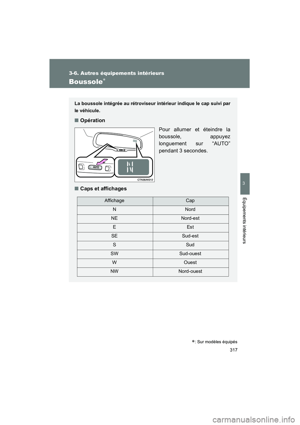 TOYOTA COROLLA 2010  Manuel du propriétaire (in French) 317
3-6. Autres équipements intérieurs
3
Équipements intérieurs
COROLLA_D
Boussole∗
La boussole intégrée au rétroviseur intérieur indique le cap suivi par
le véhicule.
■Opération
Pour al