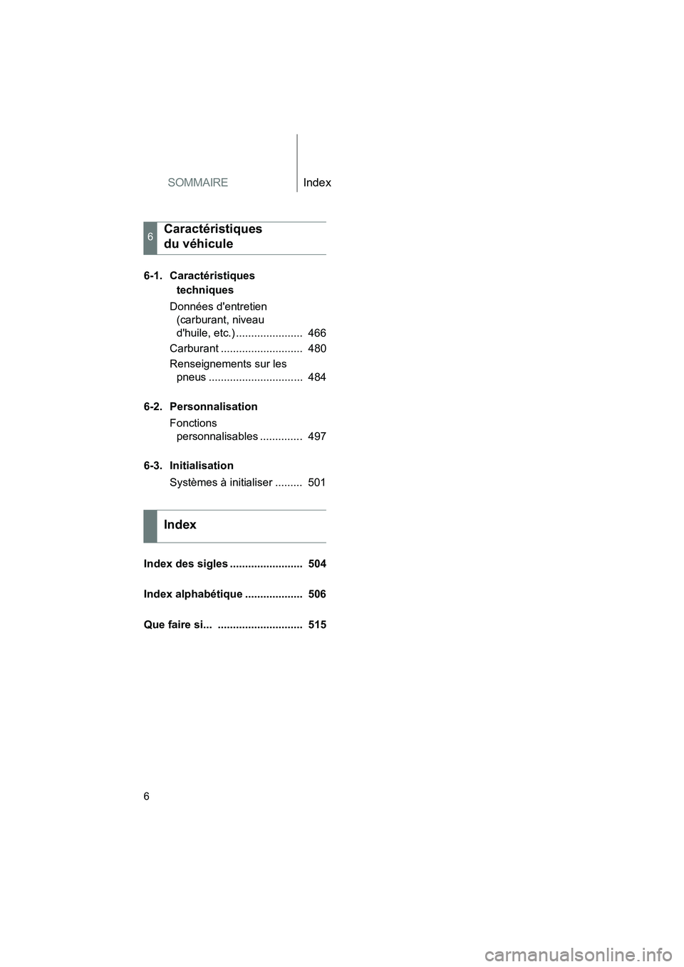 TOYOTA COROLLA 2010  Manuel du propriétaire (in French) SOMMAIREIndex
COROLLA_D
6
6-1. Caractéristiques techniques
Données dentretien  (carburant, niveau 
dhuile, etc.) ......................  466
Carburant ...........................  480
Renseignemen