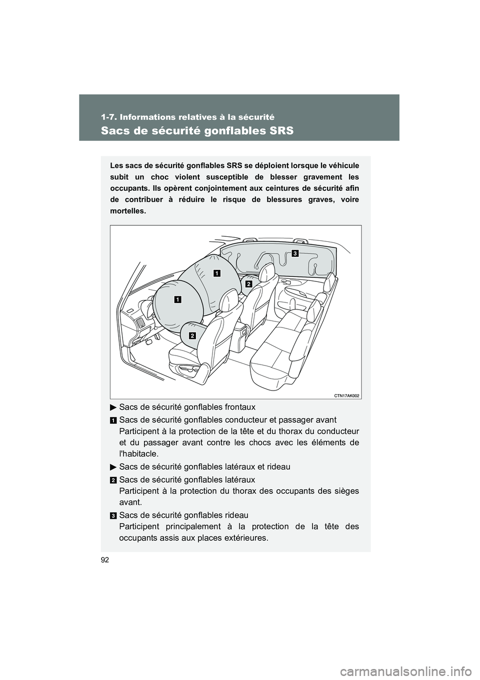 TOYOTA COROLLA 2010 Manuel du propriétaire (in French) 92
1-7. Informations relatives à la sécurité
COROLLA_D
Sacs de sécurité gonflables SRS
Les sacs de sécurité gonflables SRS se déploient lorsque le véhicule
subit un choc violent susceptible d TOYOTA COROLLA 2010 Manuel du propriétaire (in French) 92
1-7. Informations relatives à la sécurité
COROLLA_D
Sacs de sécurité gonflables SRS
Les sacs de sécurité gonflables SRS se déploient lorsque le véhicule
subit un choc violent susceptible d