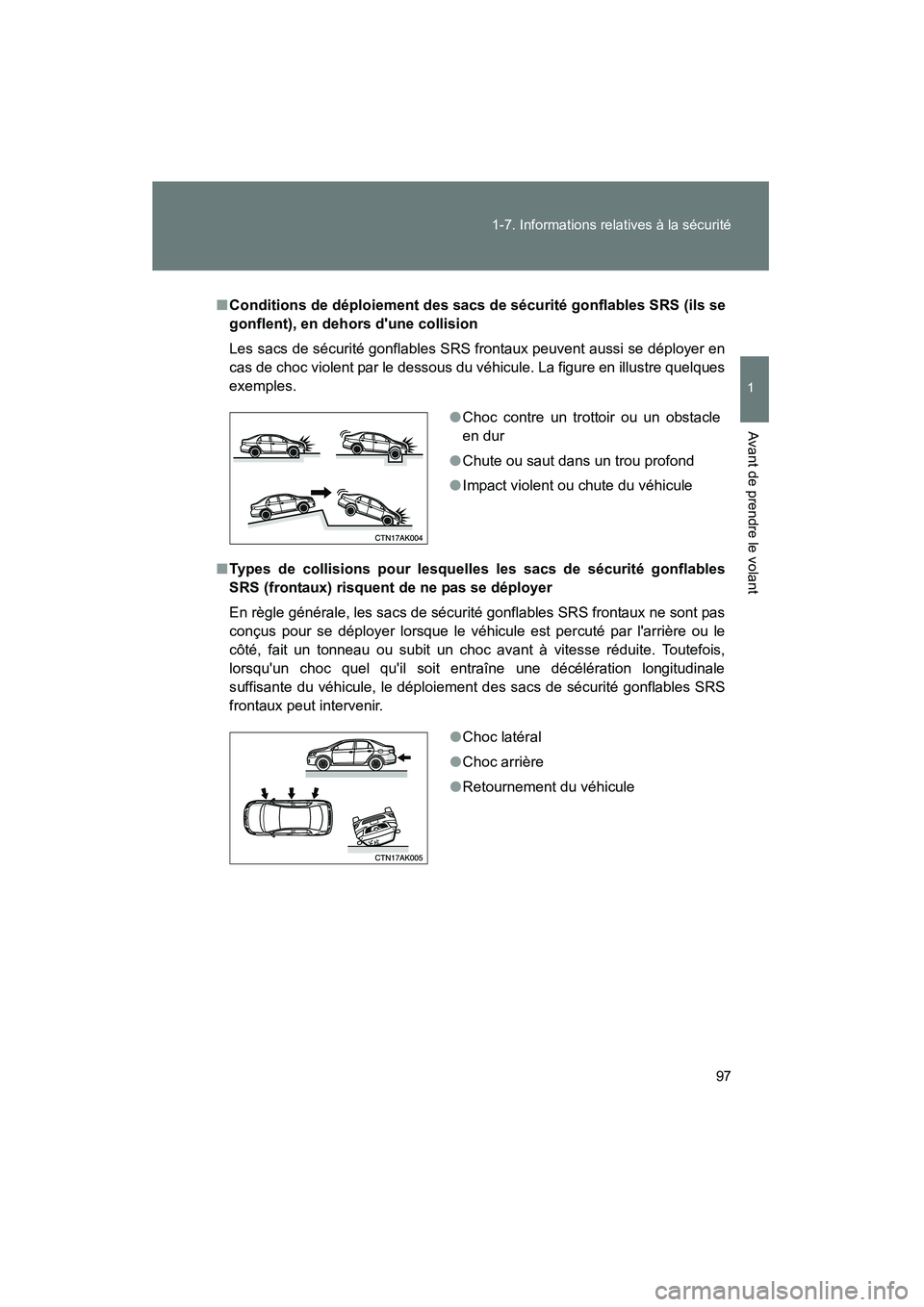 TOYOTA COROLLA 2010 Manuel du propriétaire (in French) 97
1-7. Informations relatives à la sécurité
1
Avant de prendre le volant
COROLLA_D
■
Conditions de déploiement des sacs de sécurité gonflables SRS (ils se
gonflent), en dehors dune collision TOYOTA COROLLA 2010 Manuel du propriétaire (in French) 97
1-7. Informations relatives à la sécurité
1
Avant de prendre le volant
COROLLA_D
■
Conditions de déploiement des sacs de sécurité gonflables SRS (ils se
gonflent), en dehors dune collision