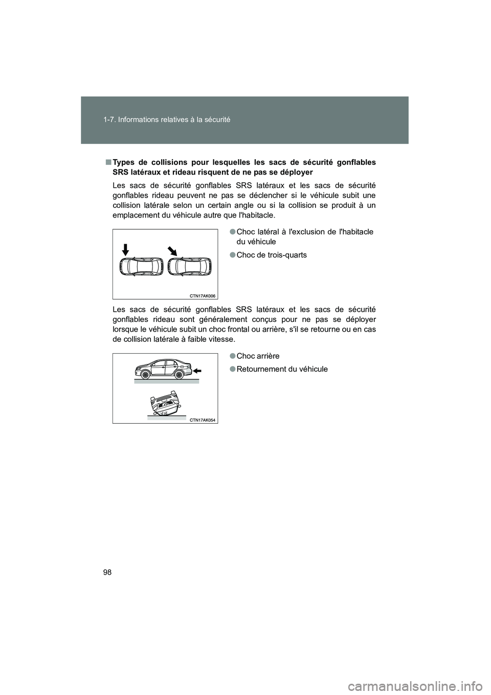TOYOTA COROLLA 2010 Manuel du propriétaire (in French) 98 1-7. Informations relatives à la sécurité
COROLLA_D
■Types de collisions pour lesquelles les sacs de sécurité gonflables
SRS latéraux et rideau risq uent de ne pas se déployer
Les sacs de TOYOTA COROLLA 2010 Manuel du propriétaire (in French) 98 1-7. Informations relatives à la sécurité
COROLLA_D
■Types de collisions pour lesquelles les sacs de sécurité gonflables
SRS latéraux et rideau risq uent de ne pas se déployer
Les sacs de