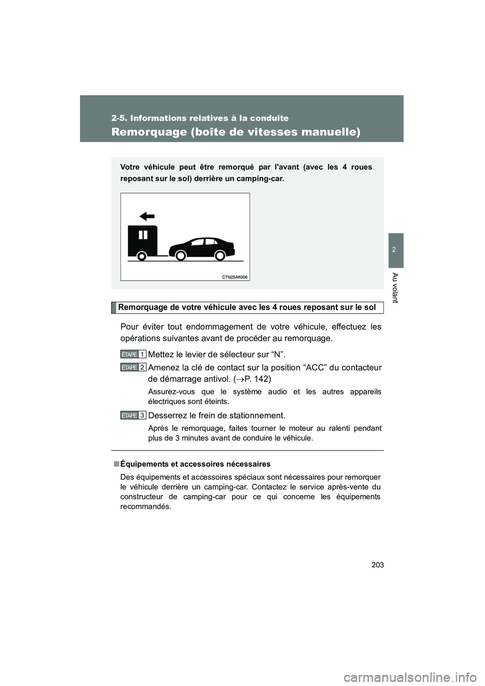 TOYOTA COROLLA 2009 Manuel du propriétaire (in French) 203
2-5. Informations relatives à la conduite
2
Au volant
COROLLA_D_(L/O_0801)
Remorquage (boîte de vitesses manuelle)
Remorquage de votre véhicule avec les 4 roues reposant sur le sol
Pour éviter TOYOTA COROLLA 2009 Manuel du propriétaire (in French) 203
2-5. Informations relatives à la conduite
2
Au volant
COROLLA_D_(L/O_0801)
Remorquage (boîte de vitesses manuelle)
Remorquage de votre véhicule avec les 4 roues reposant sur le sol
Pour éviter