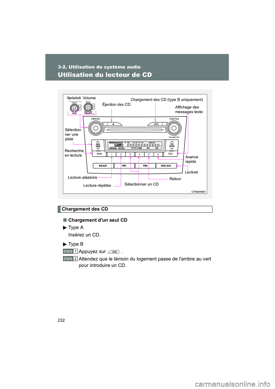TOYOTA COROLLA 2009 Manuel du propriétaire (in French) 232
3-2. Utilisation du système audio
COROLLA_D_(L/O_0801)
Utilisation du lecteur de CD
Chargement des CD■ Chargement dun seul CD
Ty pe A
Insérez un CD.
Ty pe B
Appuyez sur .
Attendez que le t TOYOTA COROLLA 2009 Manuel du propriétaire (in French) 232
3-2. Utilisation du système audio
COROLLA_D_(L/O_0801)
Utilisation du lecteur de CD
Chargement des CD■ Chargement dun seul CD
Ty pe A
Insérez un CD.
Ty pe B
Appuyez sur .
Attendez que le t