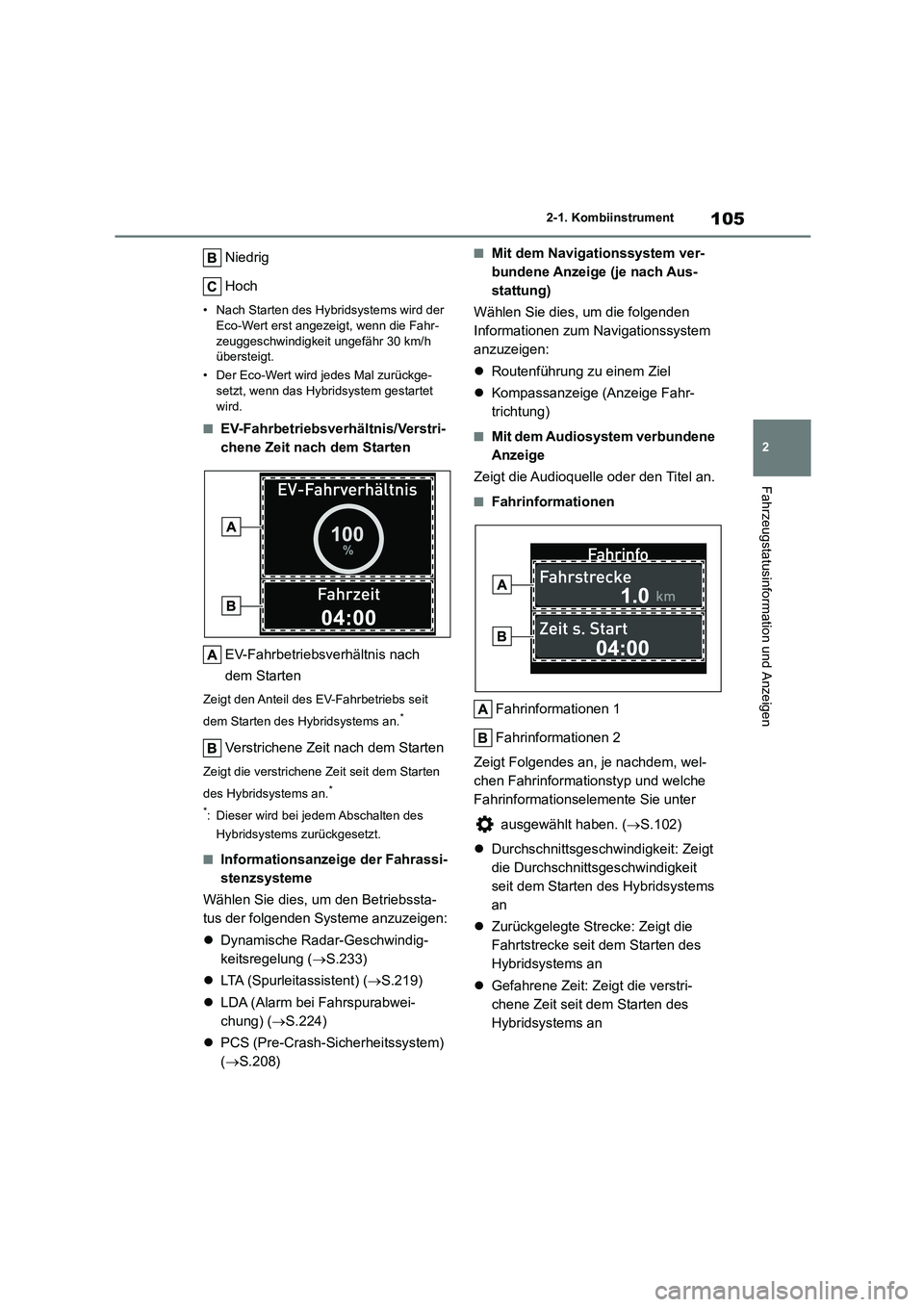 TOYOTA COROLLA CROSS 2023 Betriebsanleitungen (in German) 105
2
2-1. Kombiinstrument
Fahrzeugstatusinformation und Anzeigen
Niedrig
Hoch
• Nach Starten des Hybridsystems wird der
Eco-Wert erst angezeigt, wenn die Fahr-
zeuggeschwindigkeit ungefähr 30 TOYOTA COROLLA CROSS 2023 Betriebsanleitungen (in German) 105
2
2-1. Kombiinstrument
Fahrzeugstatusinformation und Anzeigen
Niedrig
Hoch
• Nach Starten des Hybridsystems wird der
Eco-Wert erst angezeigt, wenn die Fahr-
zeuggeschwindigkeit ungefähr 30