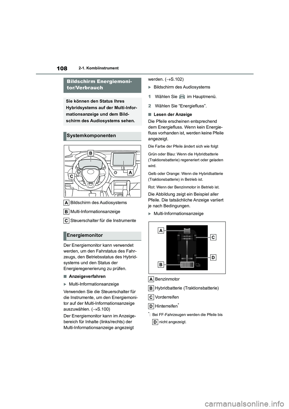 TOYOTA COROLLA CROSS 2023 Betriebsanleitungen (in German) 1082-1. Kombiinstrument
Bildschirm des Audiosystems
Multi-Informationsanzeige
Steuerschalter für die Instrumente
Der Energiemonitor kann verwendet
werden, um den Fahrstatus des Fahr-
zeugs, den TOYOTA COROLLA CROSS 2023 Betriebsanleitungen (in German) 1082-1. Kombiinstrument
Bildschirm des Audiosystems
Multi-Informationsanzeige
Steuerschalter für die Instrumente
Der Energiemonitor kann verwendet
werden, um den Fahrstatus des Fahr-
zeugs, den
