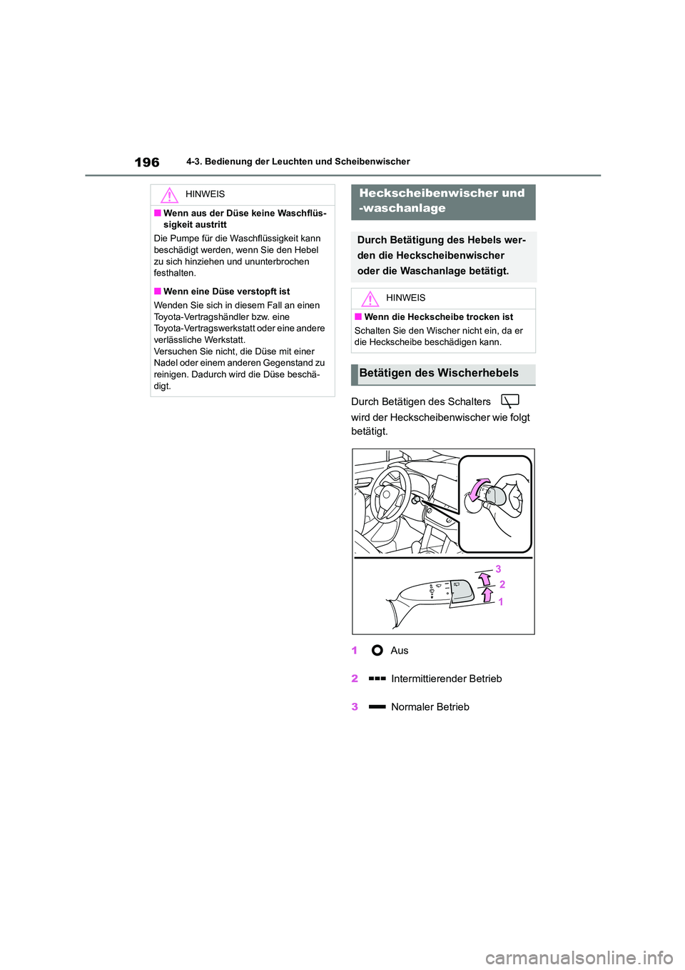 TOYOTA COROLLA CROSS 2023 Betriebsanleitungen (in German) 1964-3. Bedienung der Leuchten und Scheibenwischer
Durch Betätigen des Schalters
wird der Heckscheibenwischer wie folgt
betätigt.
1 Aus
2 Intermittierender Betrieb
3 Normaler Betrieb
HIN TOYOTA COROLLA CROSS 2023 Betriebsanleitungen (in German) 1964-3. Bedienung der Leuchten und Scheibenwischer
Durch Betätigen des Schalters
wird der Heckscheibenwischer wie folgt
betätigt.
1 Aus
2 Intermittierender Betrieb
3 Normaler Betrieb
HIN