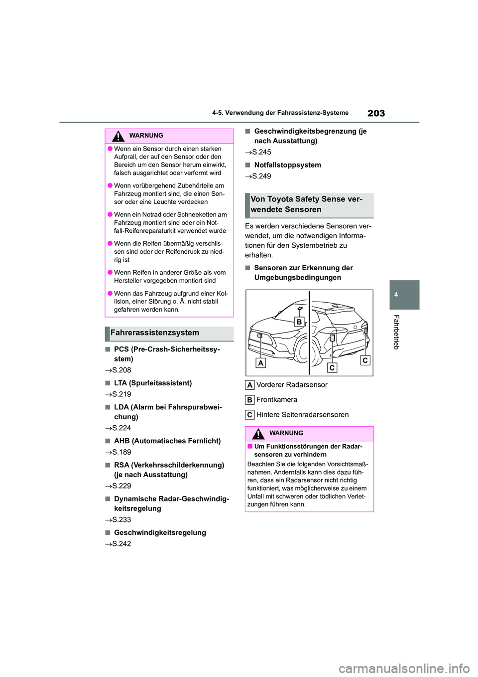 TOYOTA COROLLA CROSS 2023 Betriebsanleitungen (in German) 203
4
4-5. Verwendung der Fahrassistenz-Systeme
Fahrbetrieb
■PCS (Pre-Crash-Sicherheitssy-
stem)
S.208
■LTA (Spurleitassistent)
S.219
■LDA (Alarm bei Fahrspurabwei-
chung)
S.22 TOYOTA COROLLA CROSS 2023 Betriebsanleitungen (in German) 203
4
4-5. Verwendung der Fahrassistenz-Systeme
Fahrbetrieb
■PCS (Pre-Crash-Sicherheitssy-
stem)
S.208
■LTA (Spurleitassistent)
S.219
■LDA (Alarm bei Fahrspurabwei-
chung)
S.22