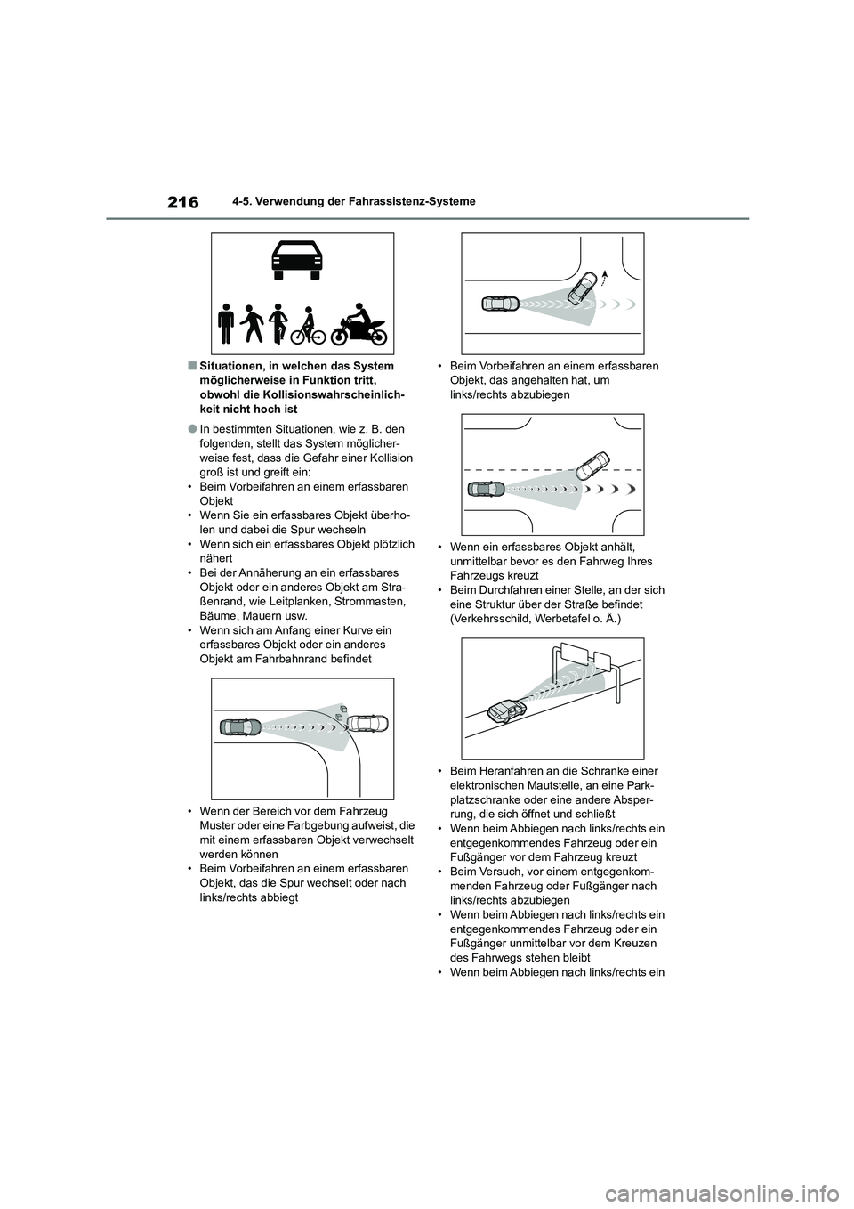 TOYOTA COROLLA CROSS 2023 Betriebsanleitungen (in German) 2164-5. Verwendung der Fahrassistenz-Systeme
■Situationen, in welchen das System möglicherweise in Funktion tritt,
obwohl die Kollisionswahrscheinlich-
keit nicht hoch ist
●In bestimmten Situa TOYOTA COROLLA CROSS 2023 Betriebsanleitungen (in German) 2164-5. Verwendung der Fahrassistenz-Systeme
■Situationen, in welchen das System möglicherweise in Funktion tritt,
obwohl die Kollisionswahrscheinlich-
keit nicht hoch ist
●In bestimmten Situa