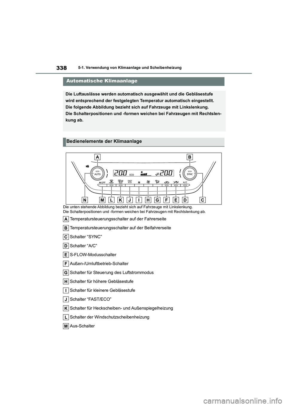 TOYOTA COROLLA CROSS 2023  Betriebsanleitungen (in German) 3385-1. Verwendung von Klimaanlage und Scheibenheizung
5-1.Verwendung von Klimaanlage und Scheibenheizung
Die unten stehende Abbildung bezieht sich auf Fahrzeuge mit Linkslenkung. 
Die Schalterpositio