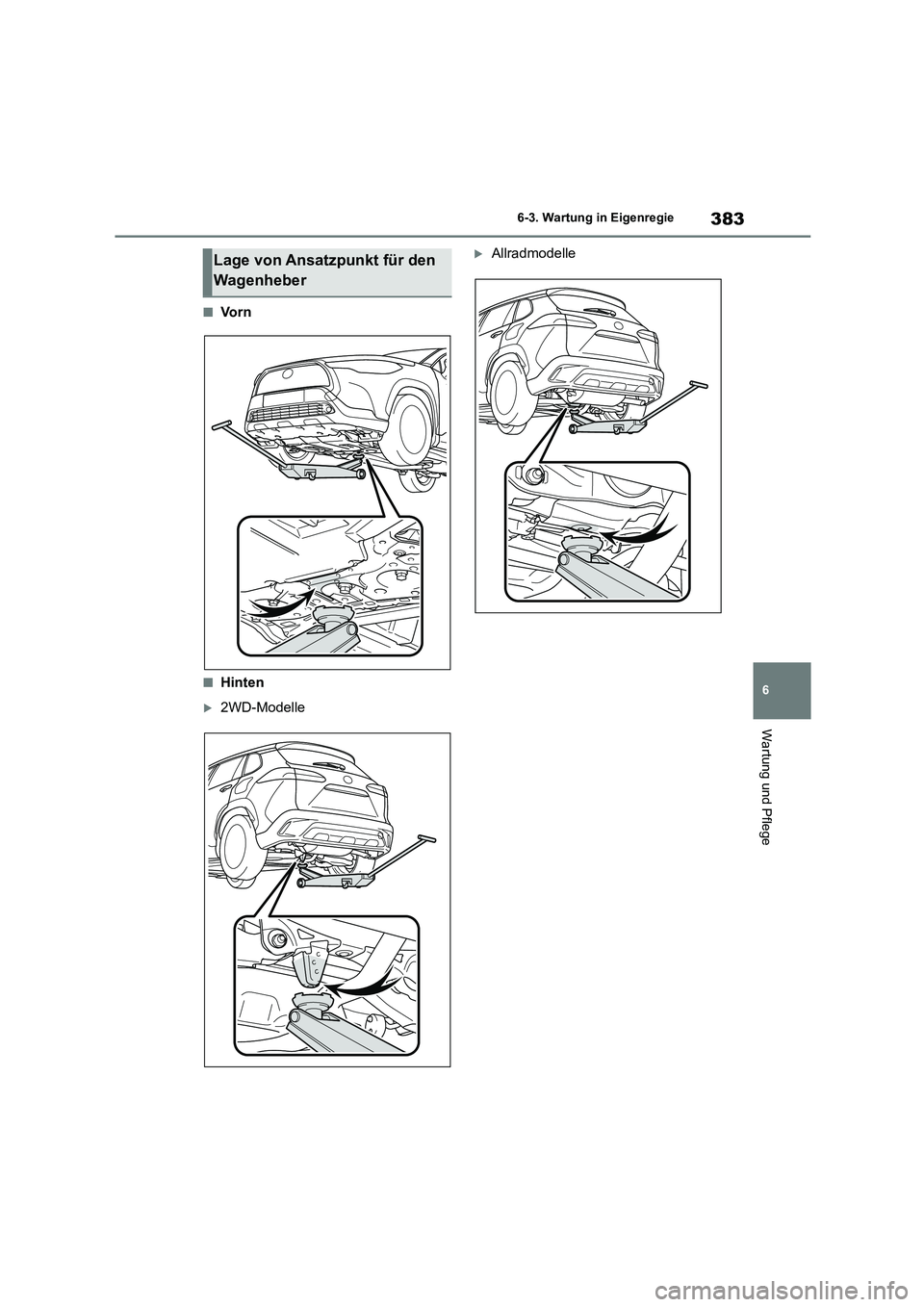 TOYOTA COROLLA CROSS 2023 Betriebsanleitungen (in German) 383
6
6-3. Wartung in Eigenregie
Wartung und Pflege
■Vo r n
■Hinten
2WD-Modelle
AllradmodelleLage von Ansatzpunkt für den
Wagenheber TOYOTA COROLLA CROSS 2023 Betriebsanleitungen (in German) 383
6
6-3. Wartung in Eigenregie
Wartung und Pflege
■Vo r n
■Hinten
2WD-Modelle
AllradmodelleLage von Ansatzpunkt für den
Wagenheber
