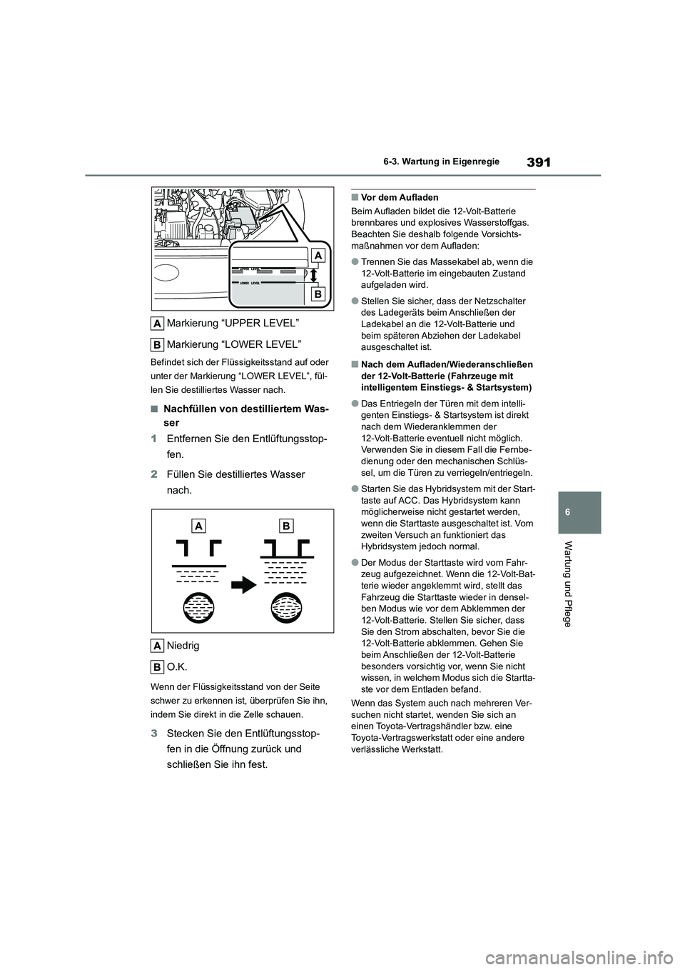 TOYOTA COROLLA CROSS 2023 Betriebsanleitungen (in German) 391
6
6-3. Wartung in Eigenregie
Wartung und Pflege
Markierung “UPPER LEVEL”
Markierung “LOWER LEVEL”
Befindet sich der Flüssigkeitsstand auf oder
unter der Markierung “LOWER LEVEL”, TOYOTA COROLLA CROSS 2023 Betriebsanleitungen (in German) 391
6
6-3. Wartung in Eigenregie
Wartung und Pflege
Markierung “UPPER LEVEL”
Markierung “LOWER LEVEL”
Befindet sich der Flüssigkeitsstand auf oder
unter der Markierung “LOWER LEVEL”,