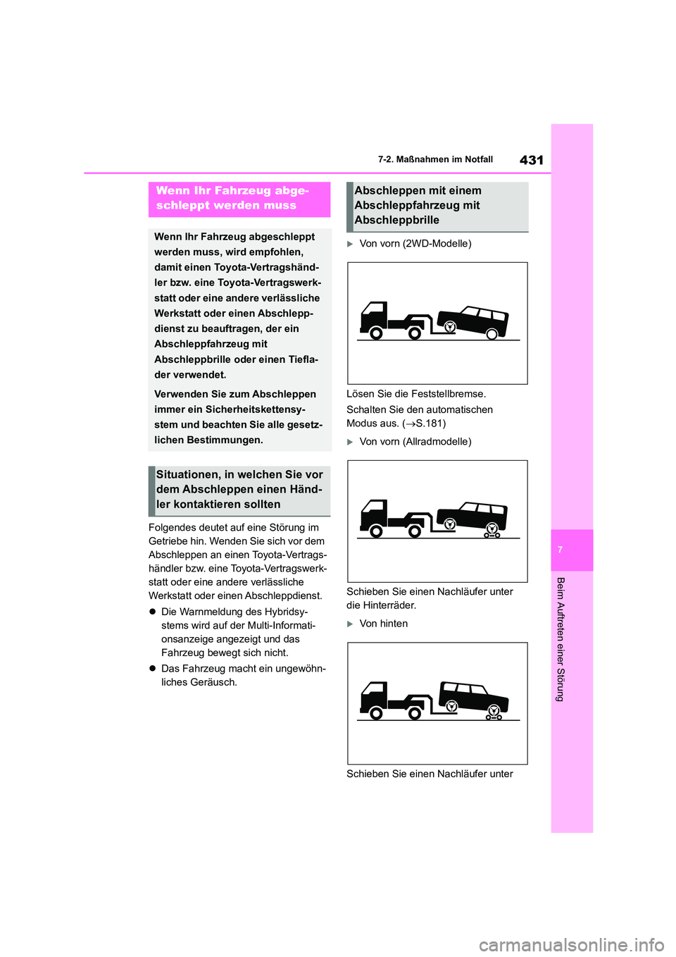 TOYOTA COROLLA CROSS 2023  Betriebsanleitungen (in German) 431
7 
7-2. Maßnahmen im Notfall
Beim Auftreten einer Störung
7-2.Maßnahmen im Notfall
Folgendes deutet auf eine Störung im  
Getriebe hin. Wenden Sie sich vor dem 
Abschleppen an einen Toyota-Ver