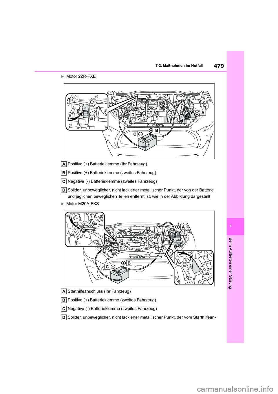 TOYOTA COROLLA CROSS 2023 Betriebsanleitungen (in German) 479
7
7-2. Maßnahmen im Notfall
Beim Auftreten einer Störung
Motor 2ZR-FXE
Positive (+) Batteriekl emme (Ihr Fahrzeug)
Positive (+) Batterieklemme (zweites Fahrzeug)
Negative (-) Batteriekle TOYOTA COROLLA CROSS 2023 Betriebsanleitungen (in German) 479
7
7-2. Maßnahmen im Notfall
Beim Auftreten einer Störung
Motor 2ZR-FXE
Positive (+) Batteriekl emme (Ihr Fahrzeug)
Positive (+) Batterieklemme (zweites Fahrzeug)
Negative (-) Batteriekle