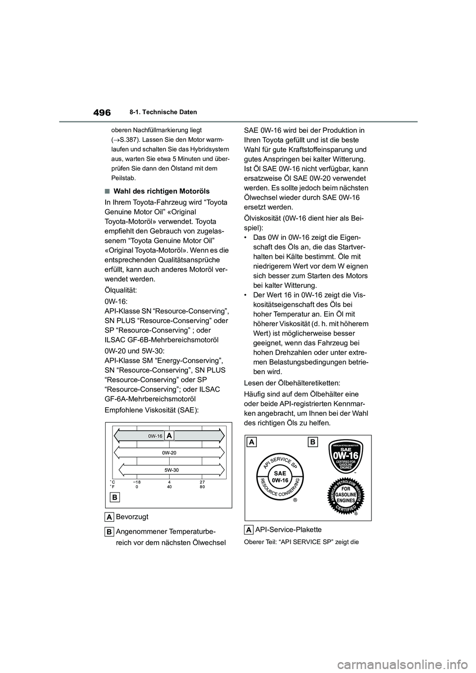 TOYOTA COROLLA CROSS 2023 Betriebsanleitungen (in German) 4968-1. Technische Daten
oberen Nachfüllmarkierung liegt
( S.387). Lassen Sie den Motor warm-
laufen und schalten Sie das Hybridsystem
aus, warten Sie etwa 5 Minuten und über-
prüfen Sie da TOYOTA COROLLA CROSS 2023 Betriebsanleitungen (in German) 4968-1. Technische Daten
oberen Nachfüllmarkierung liegt
( S.387). Lassen Sie den Motor warm-
laufen und schalten Sie das Hybridsystem
aus, warten Sie etwa 5 Minuten und über-
prüfen Sie da
