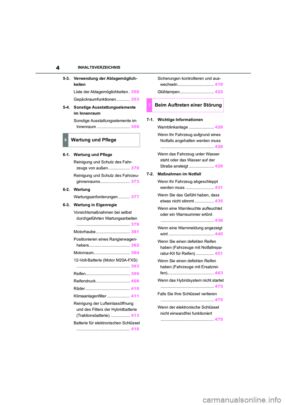 TOYOTA COROLLA CROSS 2022  Betriebsanleitungen (in German) 4INHALTSVERZEICHNIS
5-3. Verwendung der Ablagemöglich- 
keiten 
Liste der Ablagemöglichkeiten . 350 
Gepäckraumfunktionen ............ 353 
5-4. Sonstige Ausstattungselemente  
im Innenraum 
Sonsti