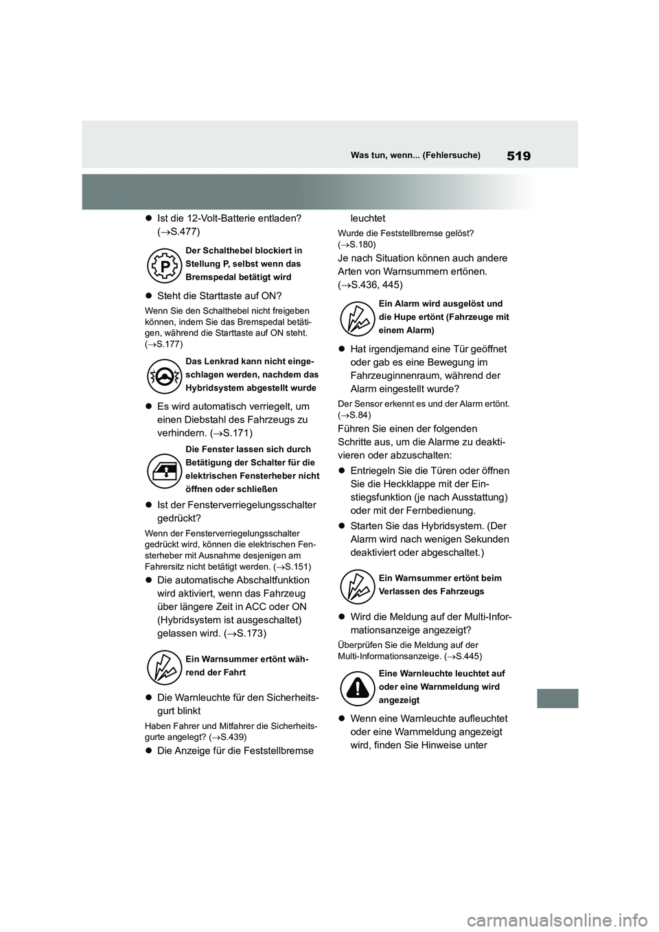 TOYOTA COROLLA CROSS 2023 Betriebsanleitungen (in German) 519Was tun, wenn... (Fehlersuche)
Ist die 12-Volt-Batterie entladen?
( S.477)
Steht die Starttaste auf ON?
Wenn Sie den Schalthebel nicht freigeben können, indem Sie das Bremspedal bet TOYOTA COROLLA CROSS 2023 Betriebsanleitungen (in German) 519Was tun, wenn... (Fehlersuche)
Ist die 12-Volt-Batterie entladen?
( S.477)
Steht die Starttaste auf ON?
Wenn Sie den Schalthebel nicht freigeben können, indem Sie das Bremspedal bet