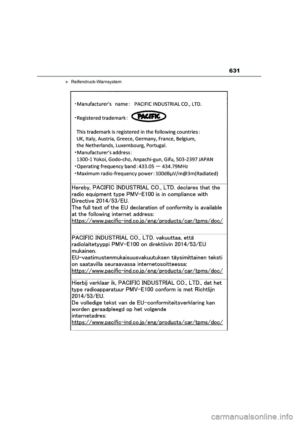 TOYOTA COROLLA CROSS 2023 Betriebsanleitungen (in German) 631
Reifendruck-Warnsystem TOYOTA COROLLA CROSS 2023 Betriebsanleitungen (in German) 631
Reifendruck-Warnsystem