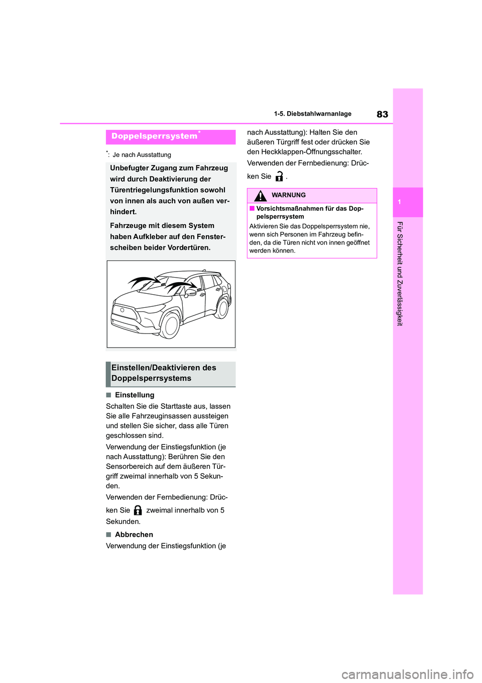 TOYOTA COROLLA CROSS 2023 Betriebsanleitungen (in German) 83
1
1-5. Diebstahlwarnanlage
Für Sicherheit und Zuverlässigkeit
*: Je nach Ausstattung
■Einstellung
Schalten Sie die Starttaste aus, lassen
Sie alle Fahrzeuginsassen aussteigen
und stellen S TOYOTA COROLLA CROSS 2023 Betriebsanleitungen (in German) 83
1
1-5. Diebstahlwarnanlage
Für Sicherheit und Zuverlässigkeit
*: Je nach Ausstattung
■Einstellung
Schalten Sie die Starttaste aus, lassen
Sie alle Fahrzeuginsassen aussteigen
und stellen S