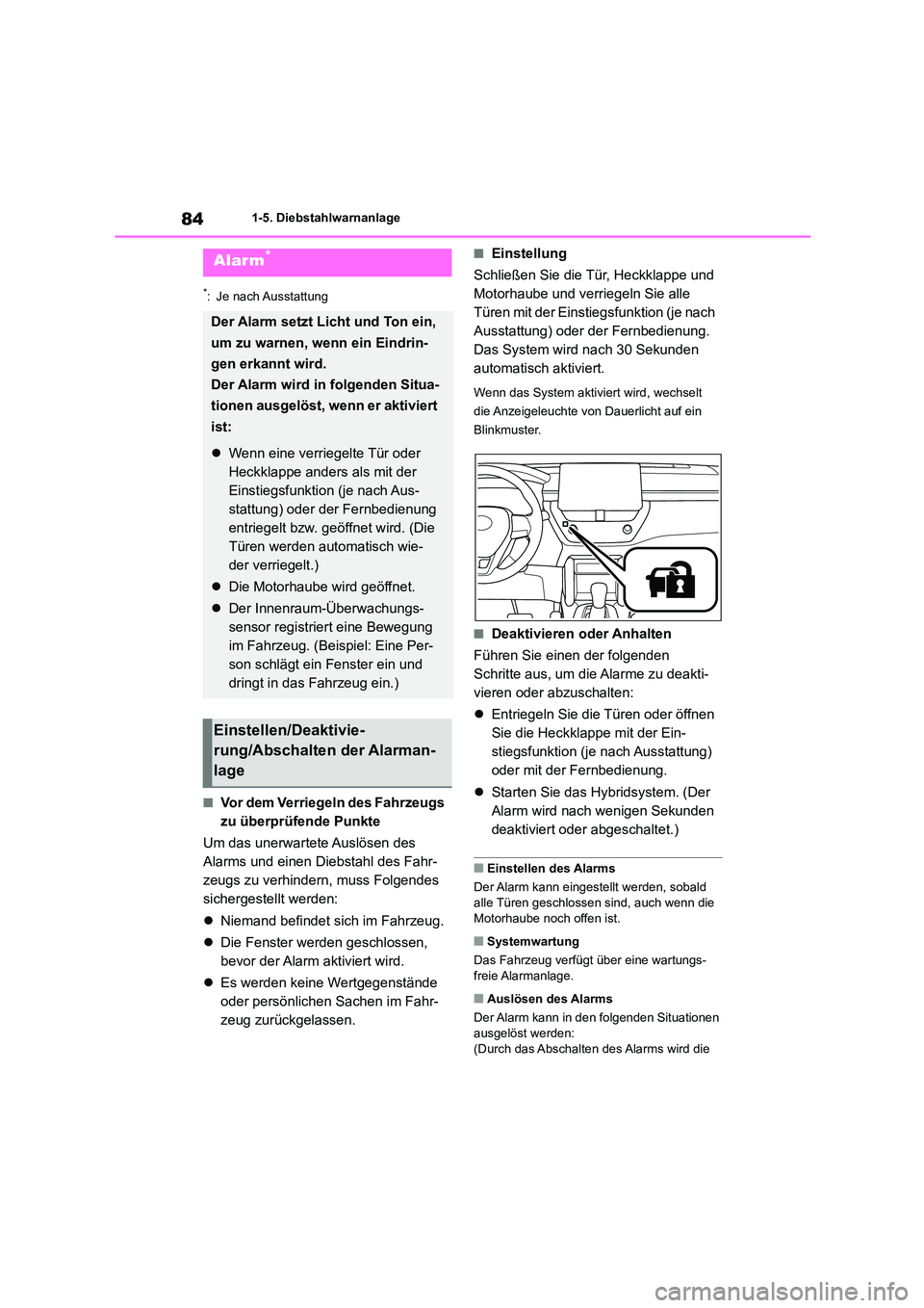 TOYOTA COROLLA CROSS 2023  Betriebsanleitungen (in German) 841-5. Diebstahlwarnanlage
*: Je nach Ausstattung
■Vor dem Verriegeln des Fahrzeugs  
zu überprüfende Punkte 
Um das unerwartete Auslösen des  
Alarms und einen Diebstahl des Fahr-
zeugs zu verhi