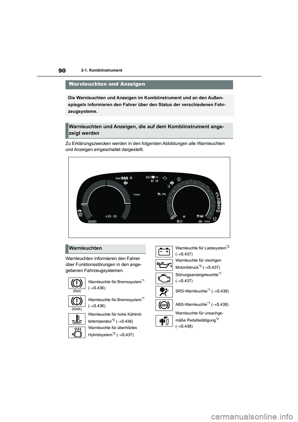TOYOTA COROLLA CROSS 2023  Betriebsanleitungen (in German) 902-1. Kombiinstrument
2-1.Kombiinstrument
Zu Erklärungszwecken werden in den folgenden Abbildungen alle Warnleuchten  
und Anzeigen eingeschaltet dargestellt. 
Warnleuchten informieren den Fahrer  
