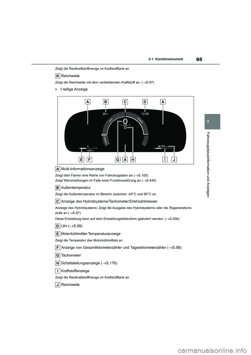 TOYOTA COROLLA CROSS 2023  Betriebsanleitungen (in German) 95
2 
2-1. Kombiinstrument
Fahrzeugstatusinformation und Anzeigen
Zeigt die Restkraftstoffmenge im Kraftstofftank an
Reichweite
Zeigt die Reichweite mit dem verbleibenden Kraftstoff an. ( S.97)
