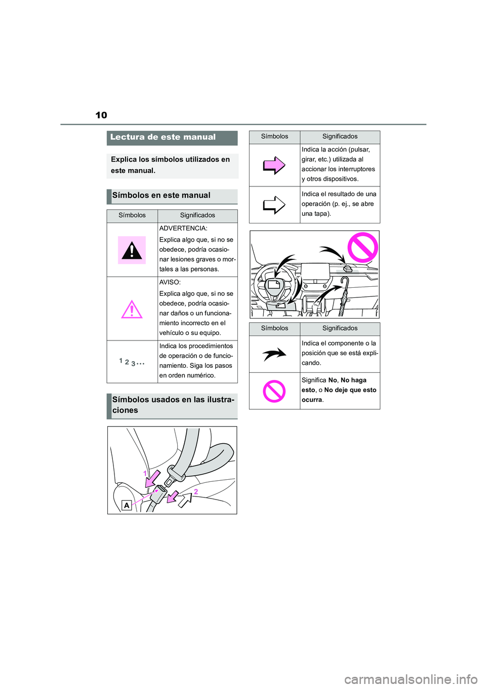 TOYOTA COROLLA CROSS 2023 Manual del propietario (in Spanish) 10
Lectura de este manual
Explica los símbolos utilizados en
este manual.
Símbolos en este manual
SímbolosSignificados
ADVERTENCIA:
Explica algo que, si no se
obedece, podría ocasio-
nar lesi TOYOTA COROLLA CROSS 2023 Manual del propietario (in Spanish) 10
Lectura de este manual
Explica los símbolos utilizados en
este manual.
Símbolos en este manual
SímbolosSignificados
ADVERTENCIA:
Explica algo que, si no se
obedece, podría ocasio-
nar lesi