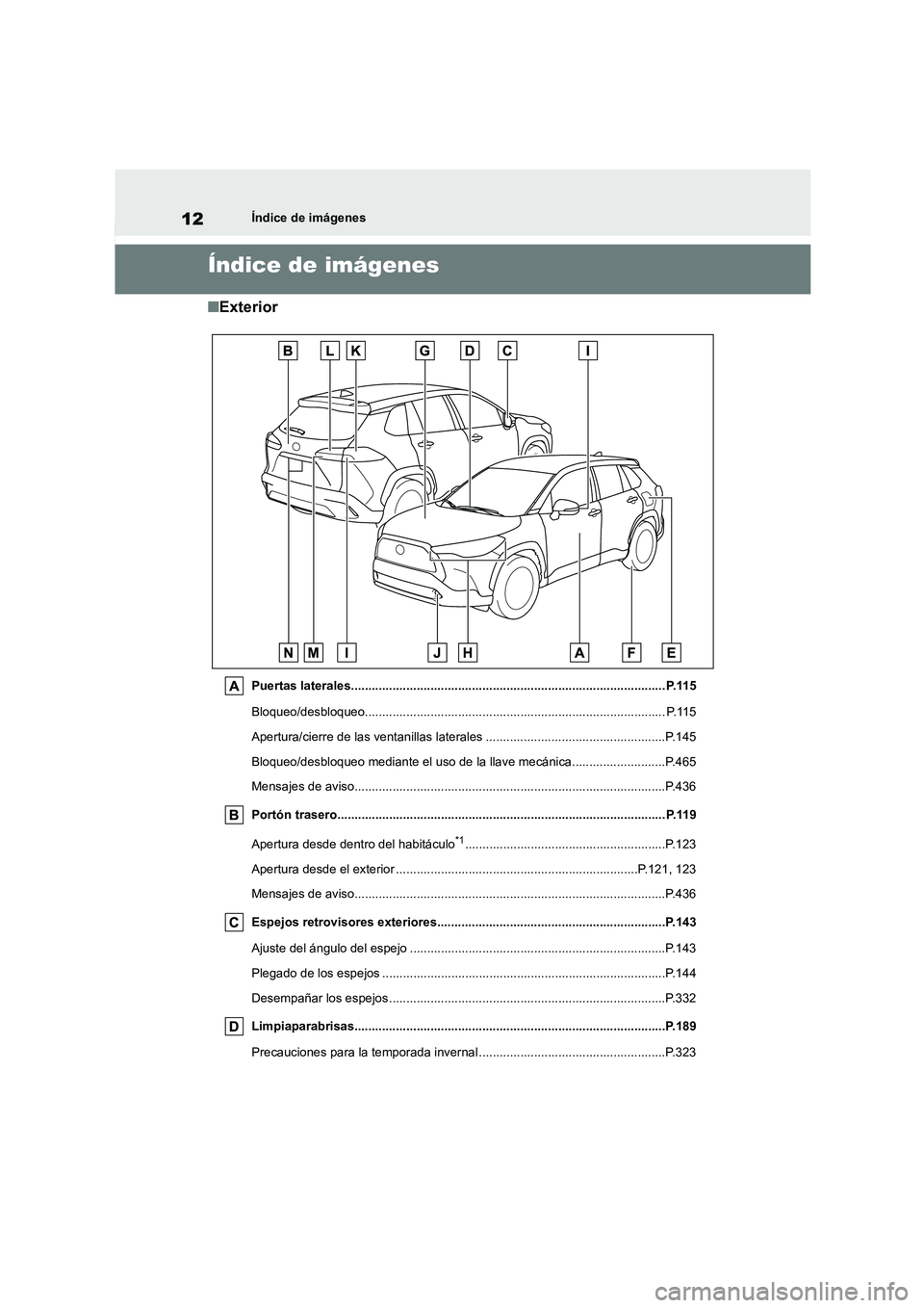TOYOTA COROLLA CROSS 2023 Manual del propietario (in Spanish) 12Índice de imágenes
Índice de imágenes
■Exterior
Puertas laterales........................................................................................... P.115
Bloqueo/desbloqueo.......... TOYOTA COROLLA CROSS 2023 Manual del propietario (in Spanish) 12Índice de imágenes
Índice de imágenes
■Exterior
Puertas laterales........................................................................................... P.115
Bloqueo/desbloqueo..........