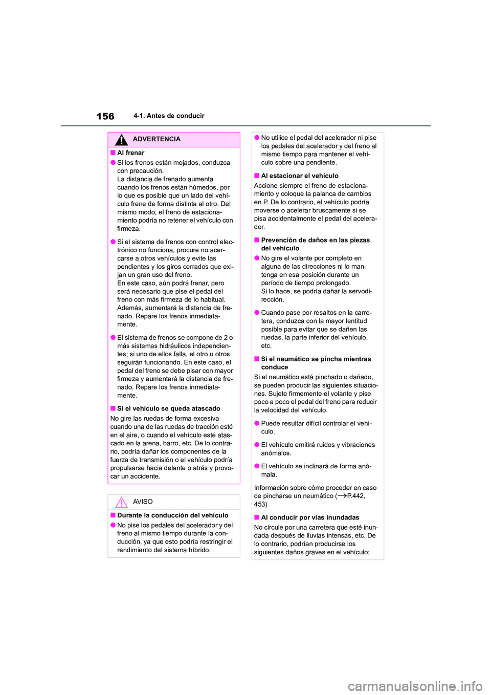 TOYOTA COROLLA CROSS 2023  Manual del propietario (in Spanish) 1564-1. Antes de conducir
ADVERTENCIA
■Al frenar
●Si los frenos están mojados, conduzca  
con precaución.
La distancia de frenado aumenta  cuando los frenos están húmedos, por  
lo que es posi