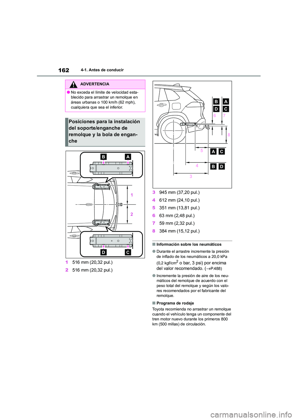TOYOTA COROLLA CROSS 2023  Manual del propietario (in Spanish) 1624-1. Antes de conducir
1516 mm (20,32 pul.) 
2 516 mm (20,32 pul.) 
3 945 mm (37,20 pul.) 
4 612 mm (24,10 pul.) 
5 351 mm (13,81 pul.) 
6 63 mm (2,48 pul.) 
7 59 mm (2,32 pul.) 
8 384 mm (15,12 pu