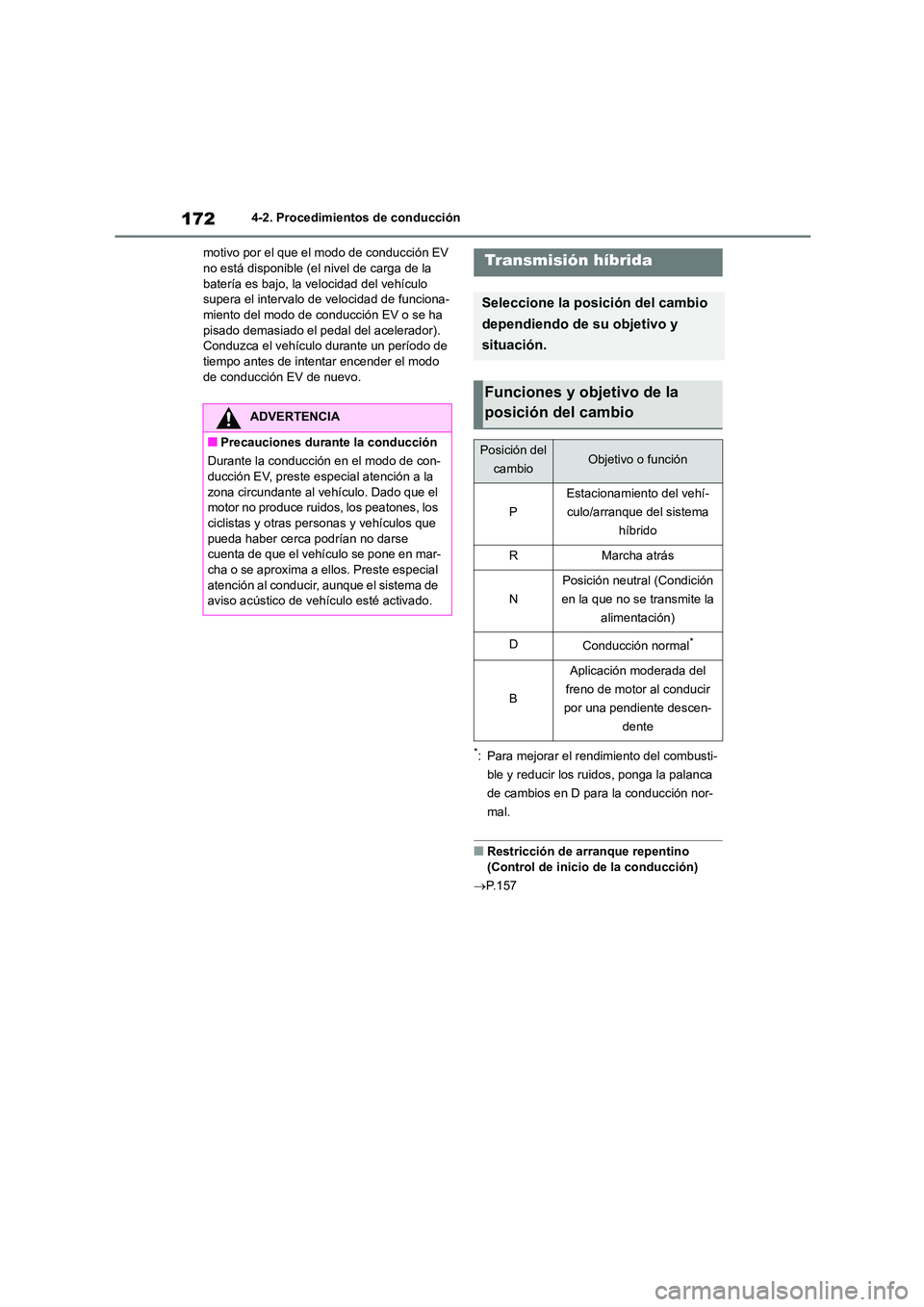 TOYOTA COROLLA CROSS 2023  Manual del propietario (in Spanish) 1724-2. Procedimientos de conducción 
motivo por el que el modo de conducción EV  no está disponible (el nivel de carga de la  
batería es bajo, la velocidad del vehículo 
supera el intervalo de 
