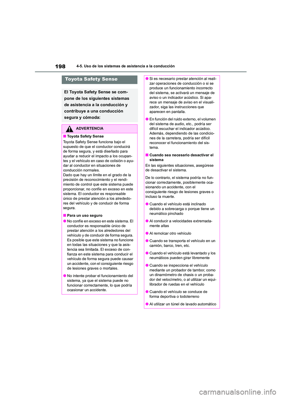 TOYOTA COROLLA CROSS 2023 Manual del propietario (in Spanish) 1984-5. Uso de los sistemas de asistencia a la conducción
Toyota Safety Sense
El Toyota Safety Sense se com-
pone de los siguientes sistemas
de asistencia a la conducción y
contribuye a una condu TOYOTA COROLLA CROSS 2023 Manual del propietario (in Spanish) 1984-5. Uso de los sistemas de asistencia a la conducción
Toyota Safety Sense
El Toyota Safety Sense se com-
pone de los siguientes sistemas
de asistencia a la conducción y
contribuye a una condu