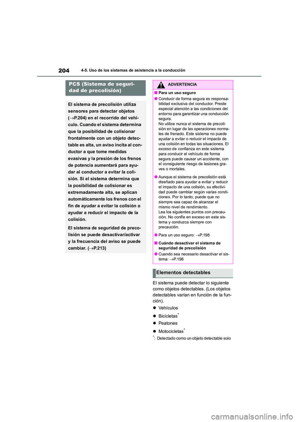 TOYOTA COROLLA CROSS 2023  Manual del propietario (in Spanish) 2044-5. Uso de los sistemas de asistencia a la conducción
El sistema puede detectar lo siguiente  
como objetos detectables. (Los objetos 
detectables varían en función de la fun-
ción). 
 Veh