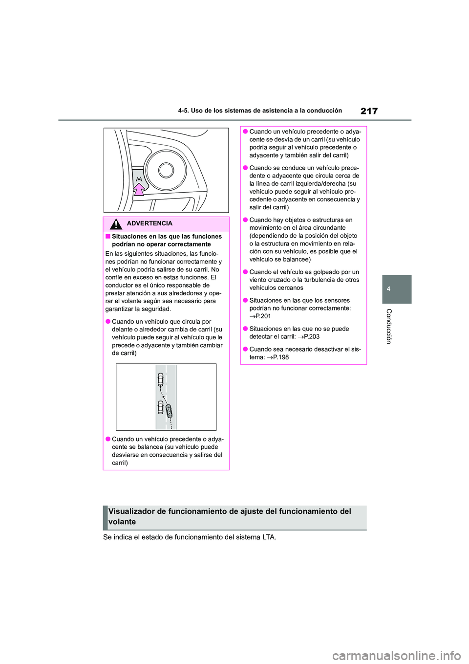 TOYOTA COROLLA CROSS 2023  Manual del propietario (in Spanish) 217
4 
4-5. Uso de los sistemas de asistencia a la conducción
Conducción
Se indica el estado de funcionamiento del sistema LTA.
ADVERTENCIA
■Situaciones en las que las funciones  
podrían no oper