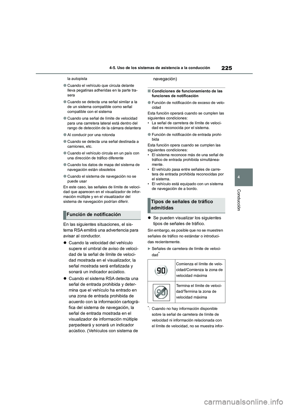 TOYOTA COROLLA CROSS 2023  Manual del propietario (in Spanish) 225
4 
4-5. Uso de los sistemas de asistencia a la conducción
Conducción
la autopista
●Cuando el vehículo que circula delante  
lleva pegatinas adheridas en la parte tra- sera
●Cuando se detect