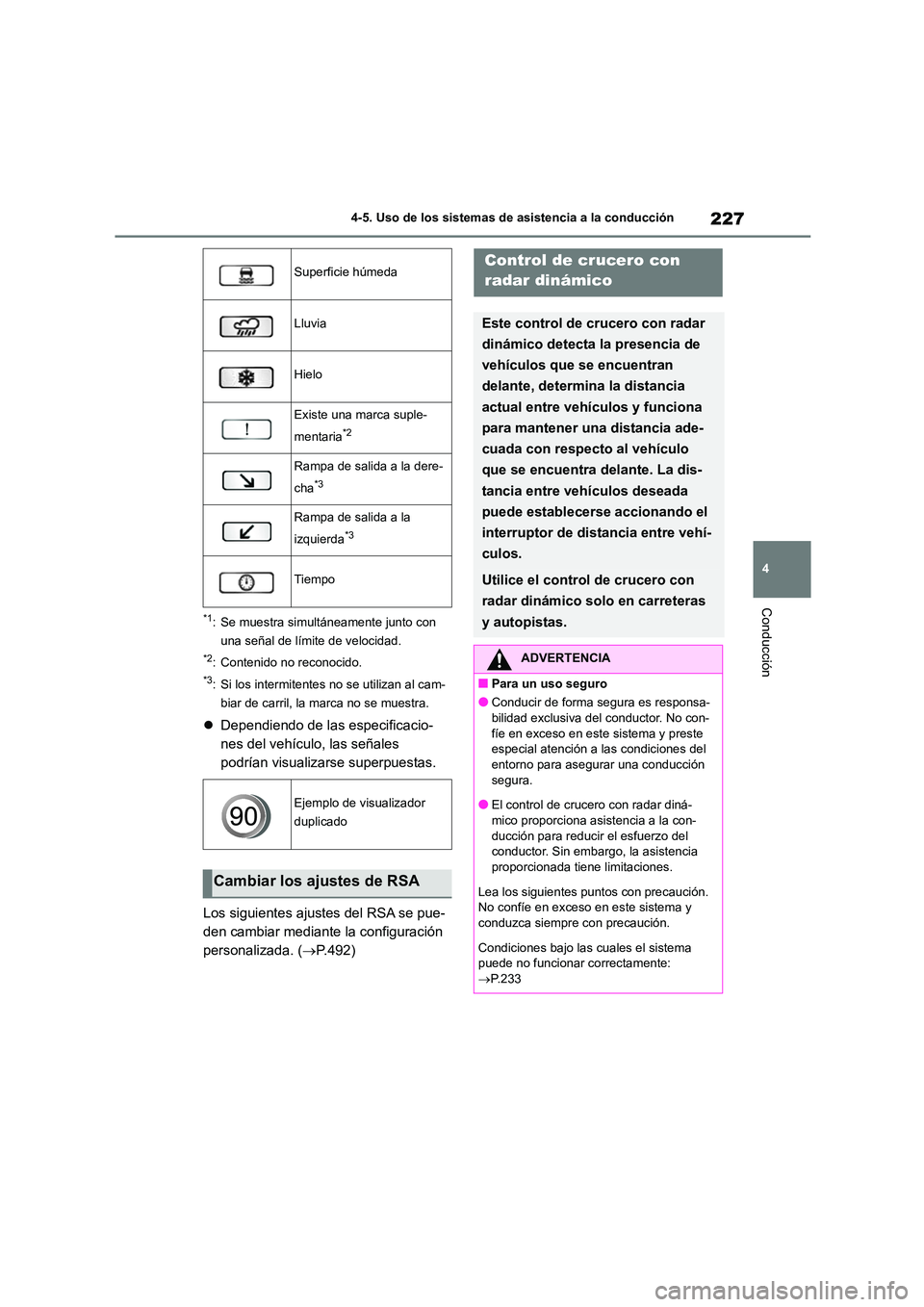TOYOTA COROLLA CROSS 2023  Manual del propietario (in Spanish) 227
4 
4-5. Uso de los sistemas de asistencia a la conducción
Conducción*1: Se muestra simultáneamente junto con  
una señal de límite de velocidad.
*2: Contenido no reconocido.
*3: Si los interm