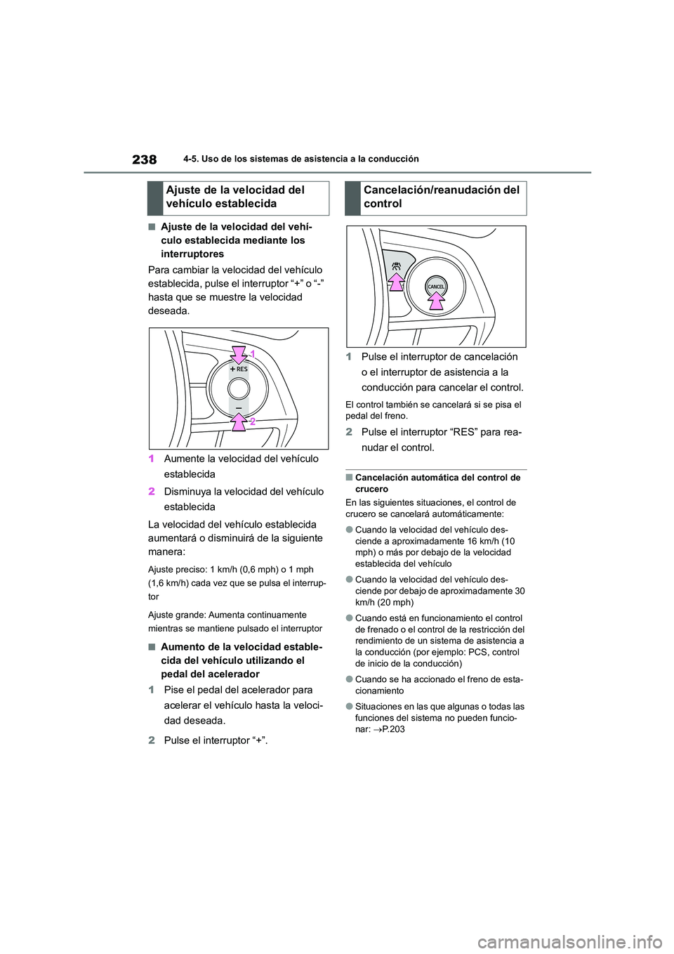 TOYOTA COROLLA CROSS 2023 Manual del propietario (in Spanish) 2384-5. Uso de los sistemas de asistencia a la conducción
■Ajuste de la velocidad del vehí-
culo establecida mediante los
interruptores
Para cambiar la velocidad del vehículo
establecida, pu TOYOTA COROLLA CROSS 2023 Manual del propietario (in Spanish) 2384-5. Uso de los sistemas de asistencia a la conducción
■Ajuste de la velocidad del vehí-
culo establecida mediante los
interruptores
Para cambiar la velocidad del vehículo
establecida, pu