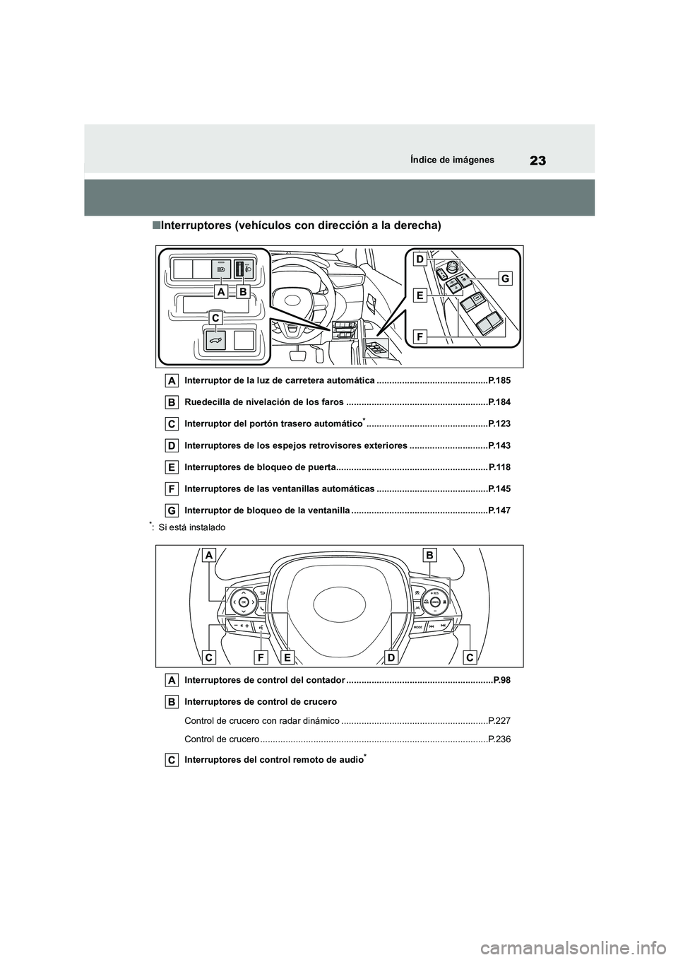 TOYOTA COROLLA CROSS 2023 Manual del propietario (in Spanish) 23Índice de imágenes
■Interruptores (vehículos con dirección a la derecha)
Interruptor de la luz de carretera automática ............................................P.185
Ruedecilla de nivelac TOYOTA COROLLA CROSS 2023 Manual del propietario (in Spanish) 23Índice de imágenes
■Interruptores (vehículos con dirección a la derecha)
Interruptor de la luz de carretera automática ............................................P.185
Ruedecilla de nivelac
