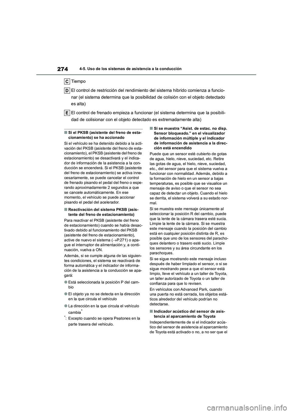 TOYOTA COROLLA CROSS 2023 Manual del propietario (in Spanish) 2744-5. Uso de los sistemas de asistencia a la conducción
Tiempo
El control de restricción del rendimiento del sistema híbrido comienza a funcio-
nar (el sistema determina que la posibilidad de c TOYOTA COROLLA CROSS 2023 Manual del propietario (in Spanish) 2744-5. Uso de los sistemas de asistencia a la conducción
Tiempo
El control de restricción del rendimiento del sistema híbrido comienza a funcio-
nar (el sistema determina que la posibilidad de c