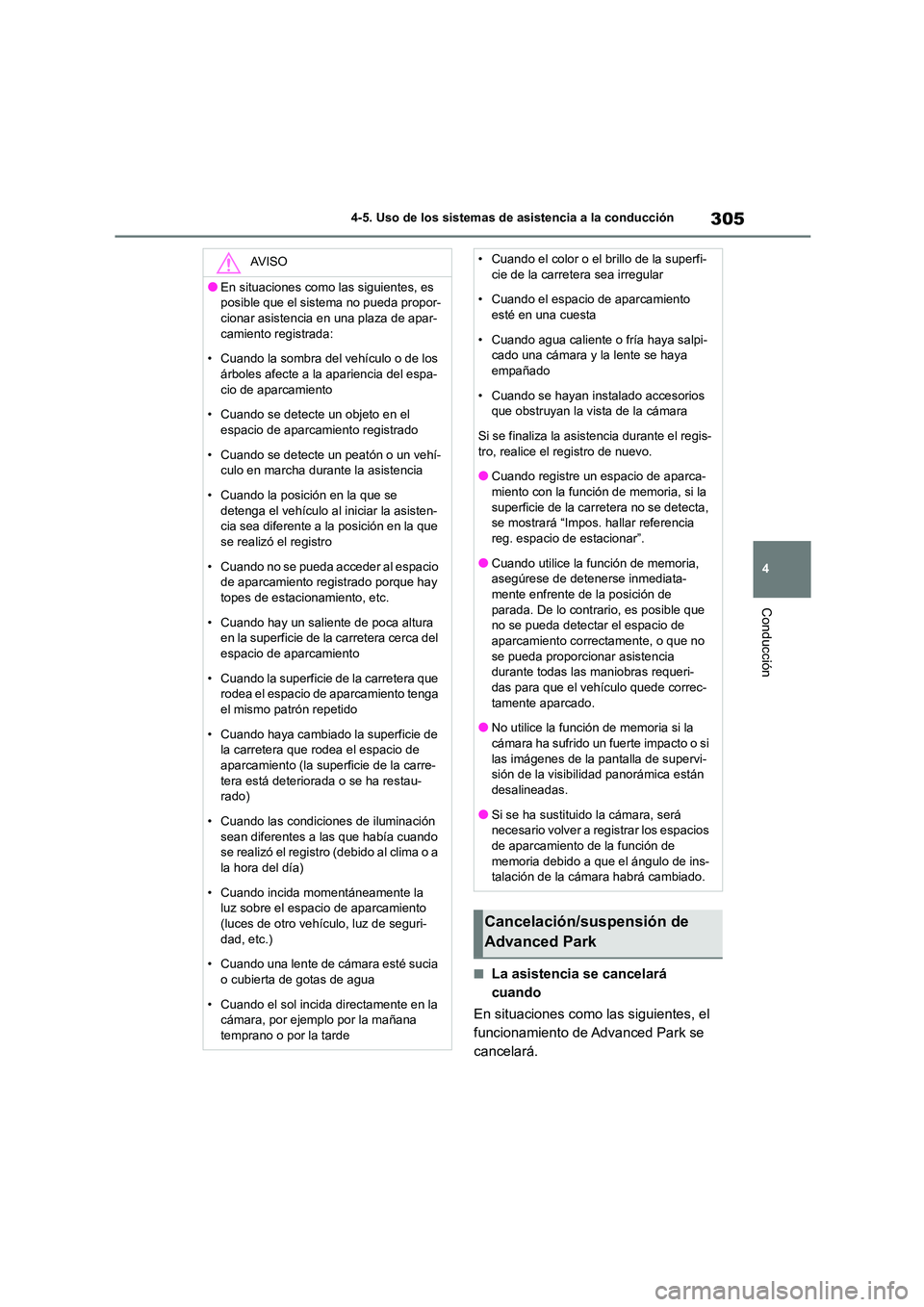 TOYOTA COROLLA CROSS 2023  Manual del propietario (in Spanish) 305
4 
4-5. Uso de los sistemas de asistencia a la conducción
Conducción
■La asistencia se cancelará  
cuando 
En situaciones como las siguientes, el  
funcionamiento de Advanced Park se 
cancela