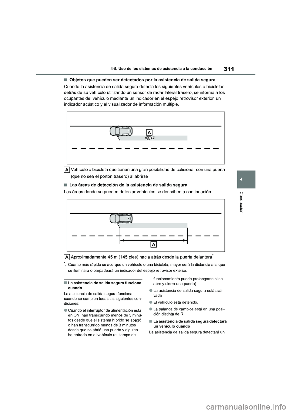 TOYOTA COROLLA CROSS 2023 Manual del propietario (in Spanish) 311
4
4-5. Uso de los sistemas de asistencia a la conducción
Conducción
■Objetos que pueden ser detectados por la asistencia de salida segura
Cuando la asistencia de salida segura detecta los si TOYOTA COROLLA CROSS 2023 Manual del propietario (in Spanish) 311
4
4-5. Uso de los sistemas de asistencia a la conducción
Conducción
■Objetos que pueden ser detectados por la asistencia de salida segura
Cuando la asistencia de salida segura detecta los si